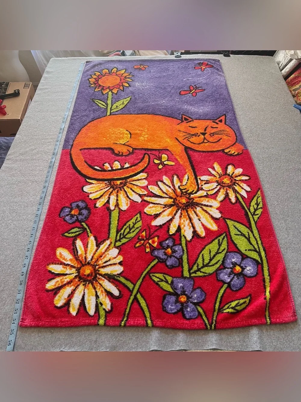 Vintage Y2K Cotton Orange Cat Beach Towel Flowers Butterflies Whimsy Colorful